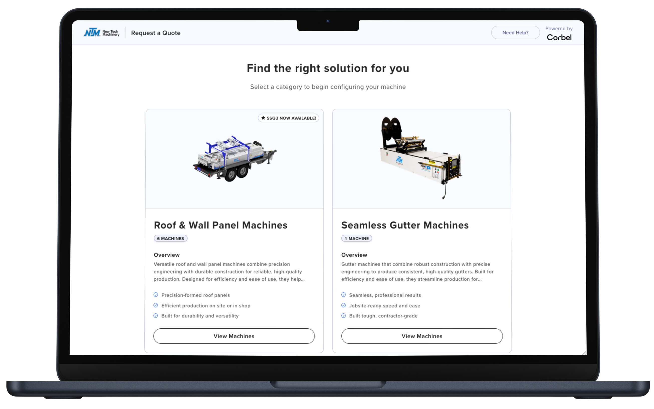NTM online machine configurator showing machine options and itemized pricing