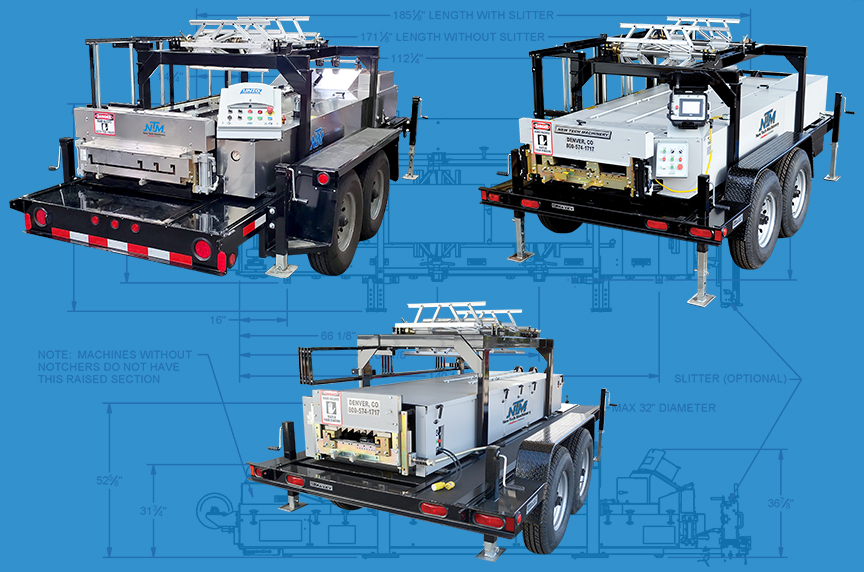 different NTM portable roof panel machines on blue background with a line drawing of a machine