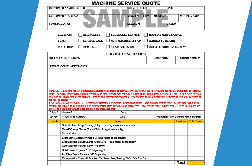 sample machine service and training request form