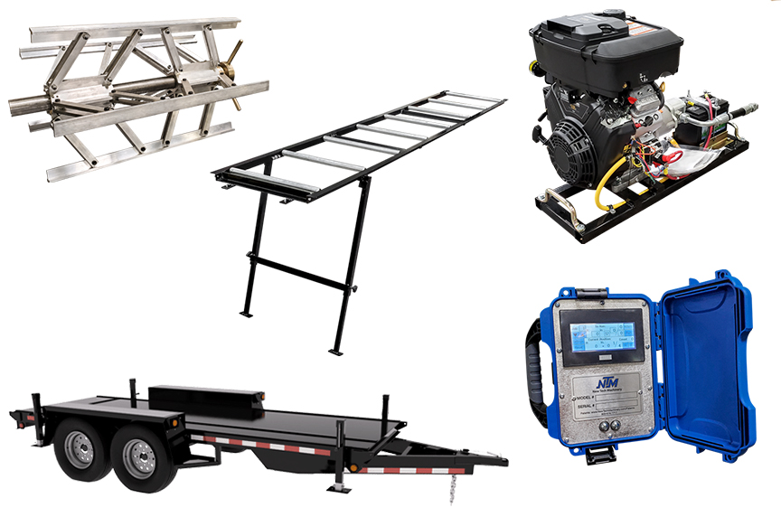 portable roof panel machine arbor, run out stand, gas motor, EZ counter, and trailer