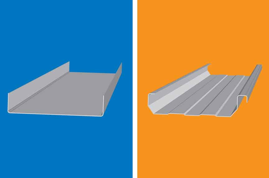 t-panel profile on blue background next to trapezoid panel profile on orange background