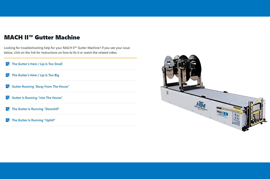 picture of MACH II gutter machine and troubleshooting help topics next to it