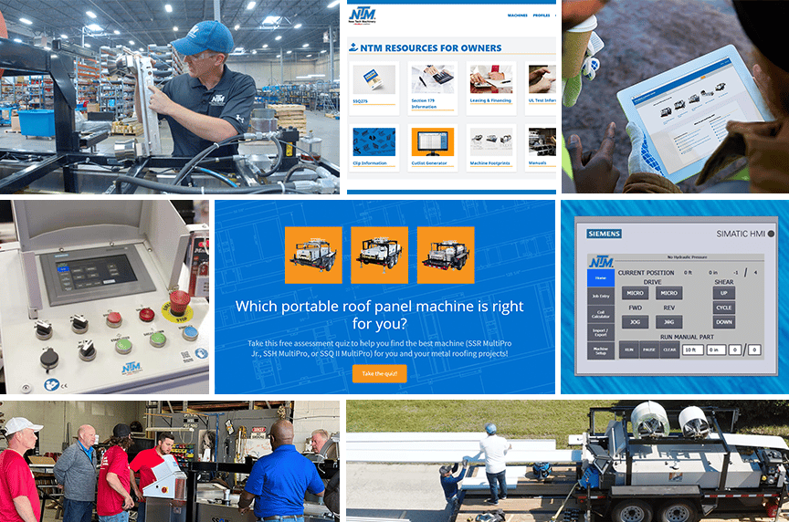 pictures of people using portable rollforming machines and screenshots from NTM rollforming learning center