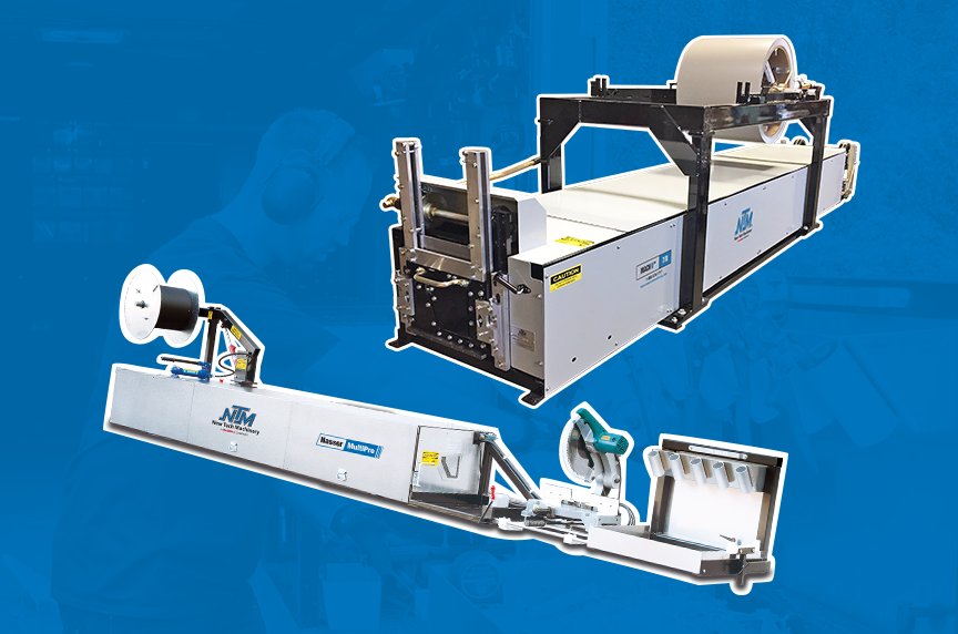 person using gutter machine behind blue background with images of the nasser multipro and mach 7/8 machine