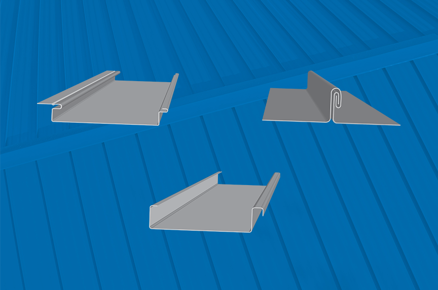 metal roofing profiles against a blue metal roof background