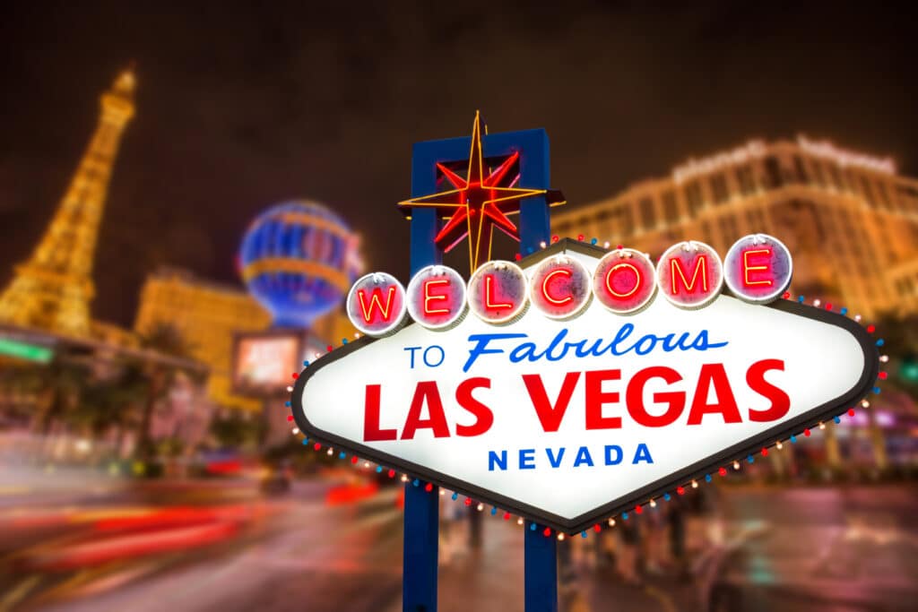 Las Vegas sign at night.