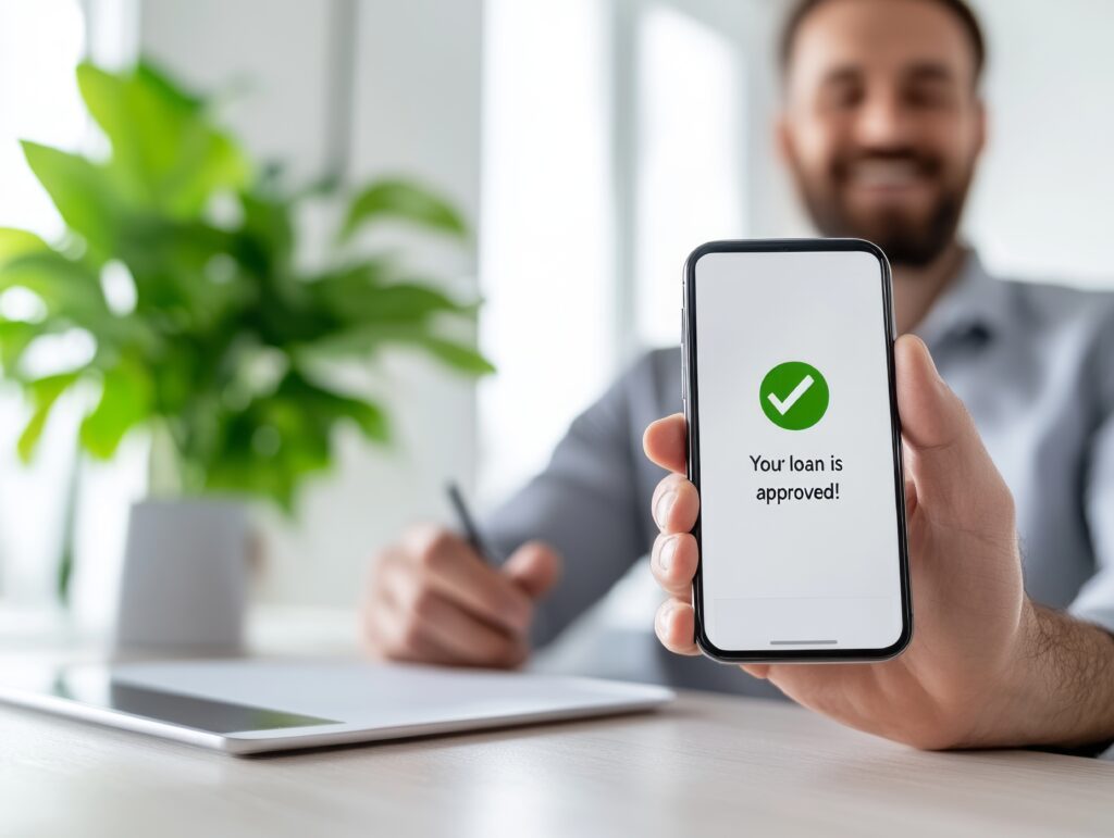 Loan approved notice on mobile phone.